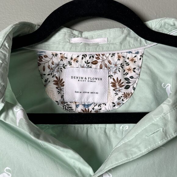 Denim & Flower Mint Green Button Up Short Sleeve With White Flamingos Men’s Sz M - Picture 2 of 6